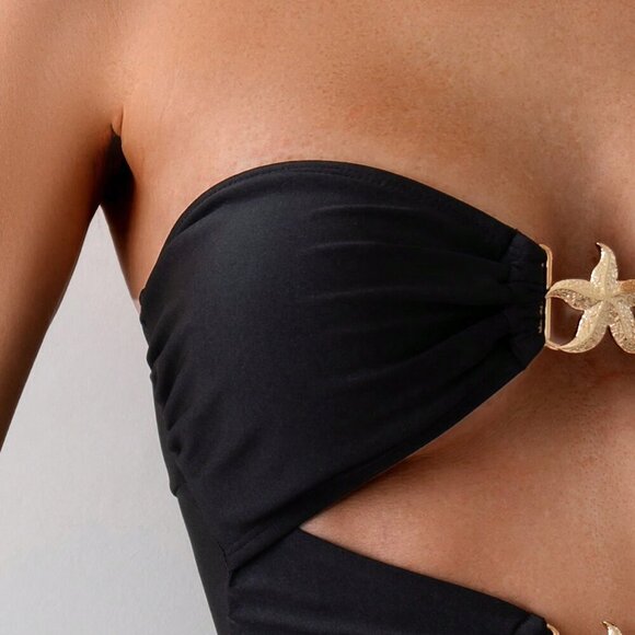 Black Elegant Women's Metal Decor Hollow Out Casual Swimsuit - Picture 3 of 5